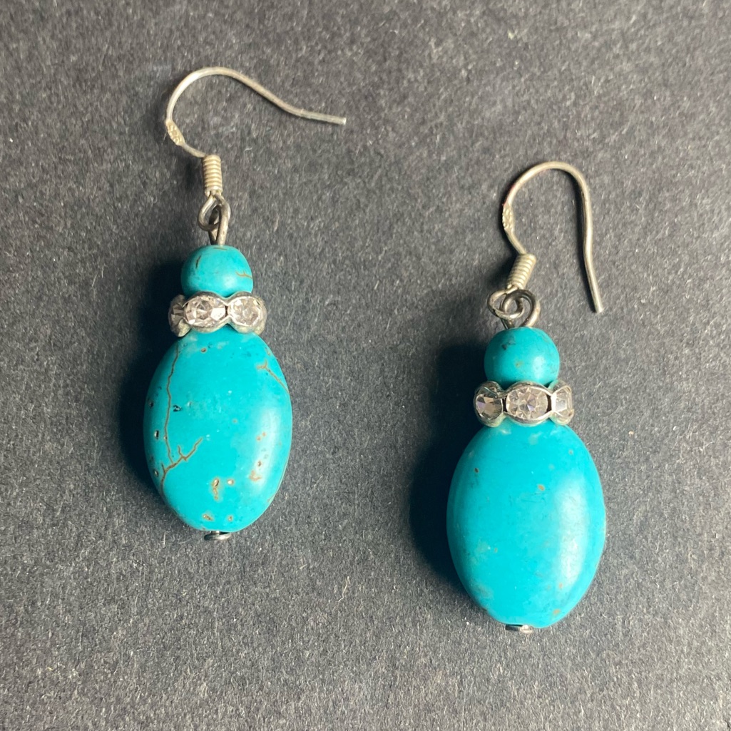 Blue Stone Dangle Earrings With Clear Crystal Accents For Pierced Ears